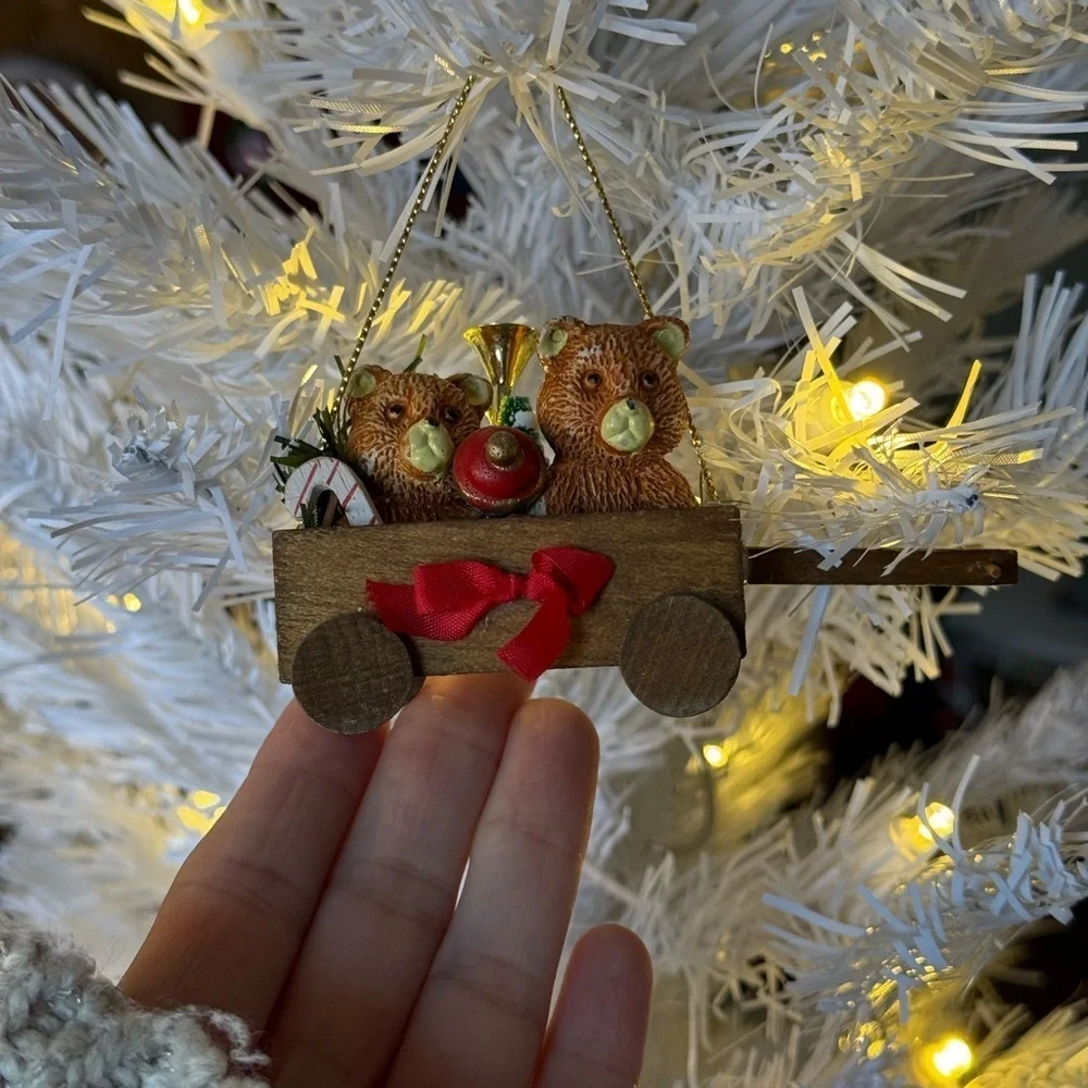 Vintage 1975 Bear Ornament Wagon with Red Bow